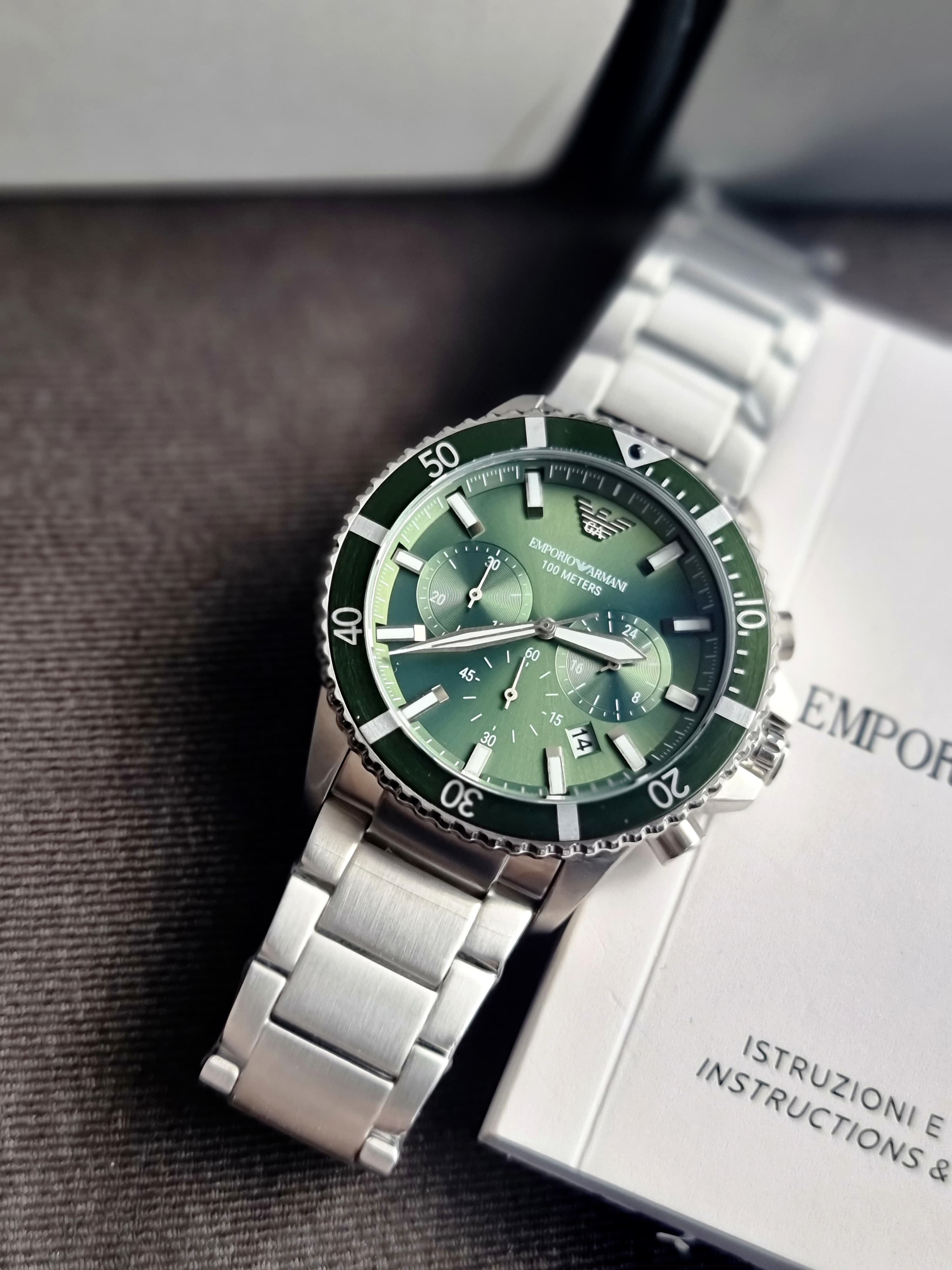 EMPORIO ARMANI Silver Stainless Steel Green Dial Chronograph Quartz Watch for Gents - AR11500