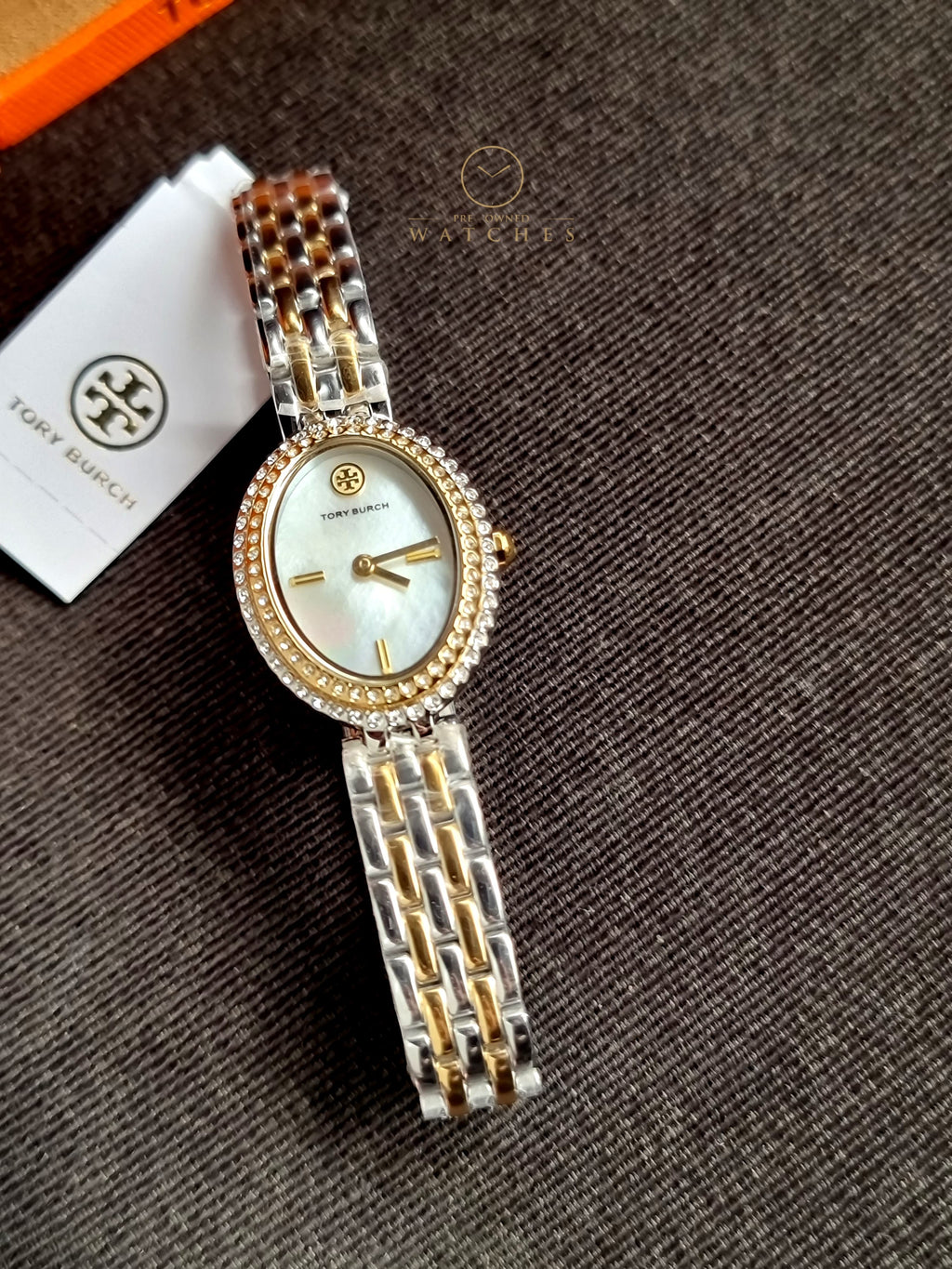 Tory Burch Women's Watch TBW6037 Quartz Oval Mother of Pearl Dial Two Tone Steel