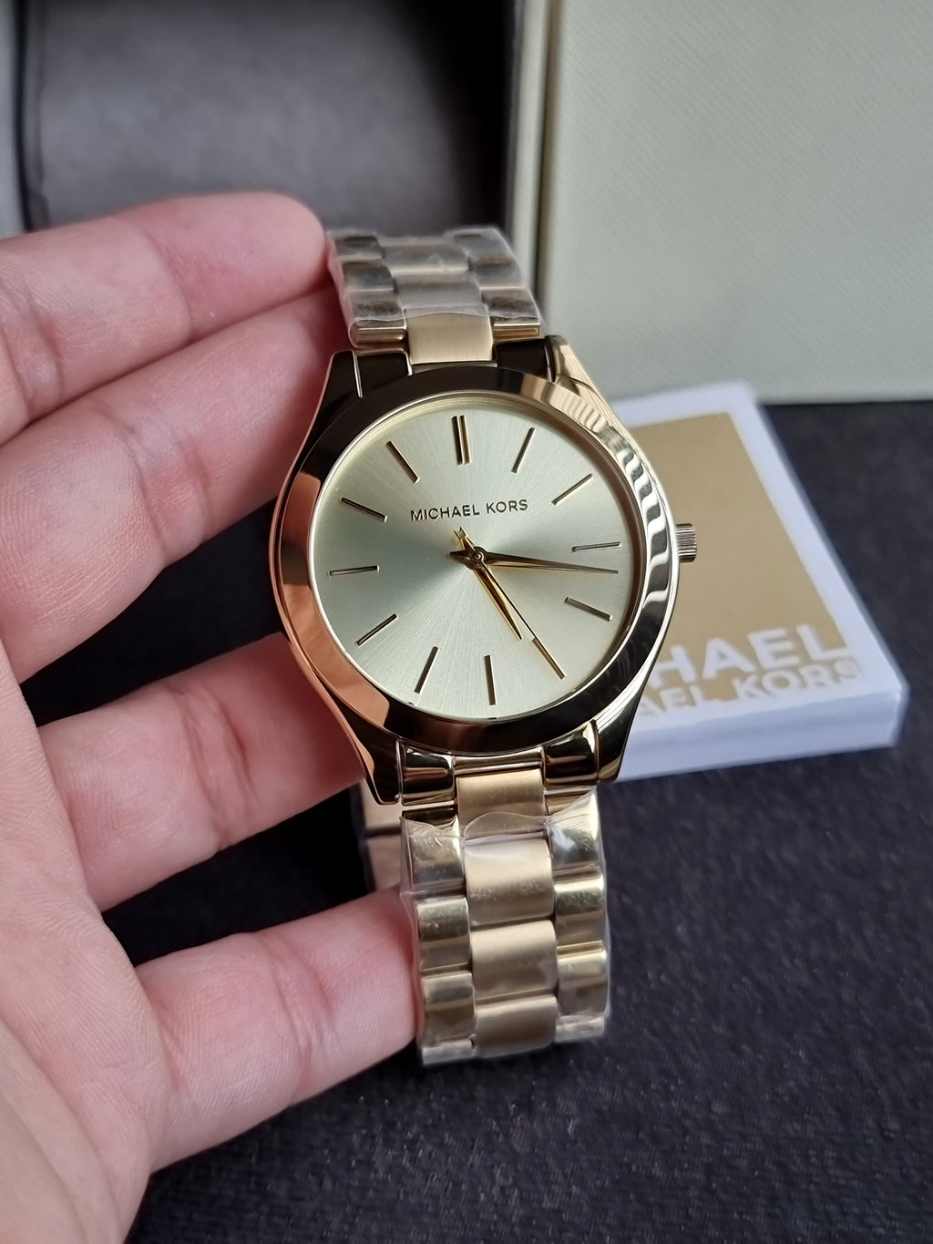 Michael Kors Slim Runway Gold Dial Stainless Steel Strap Ladies Watch MK3179