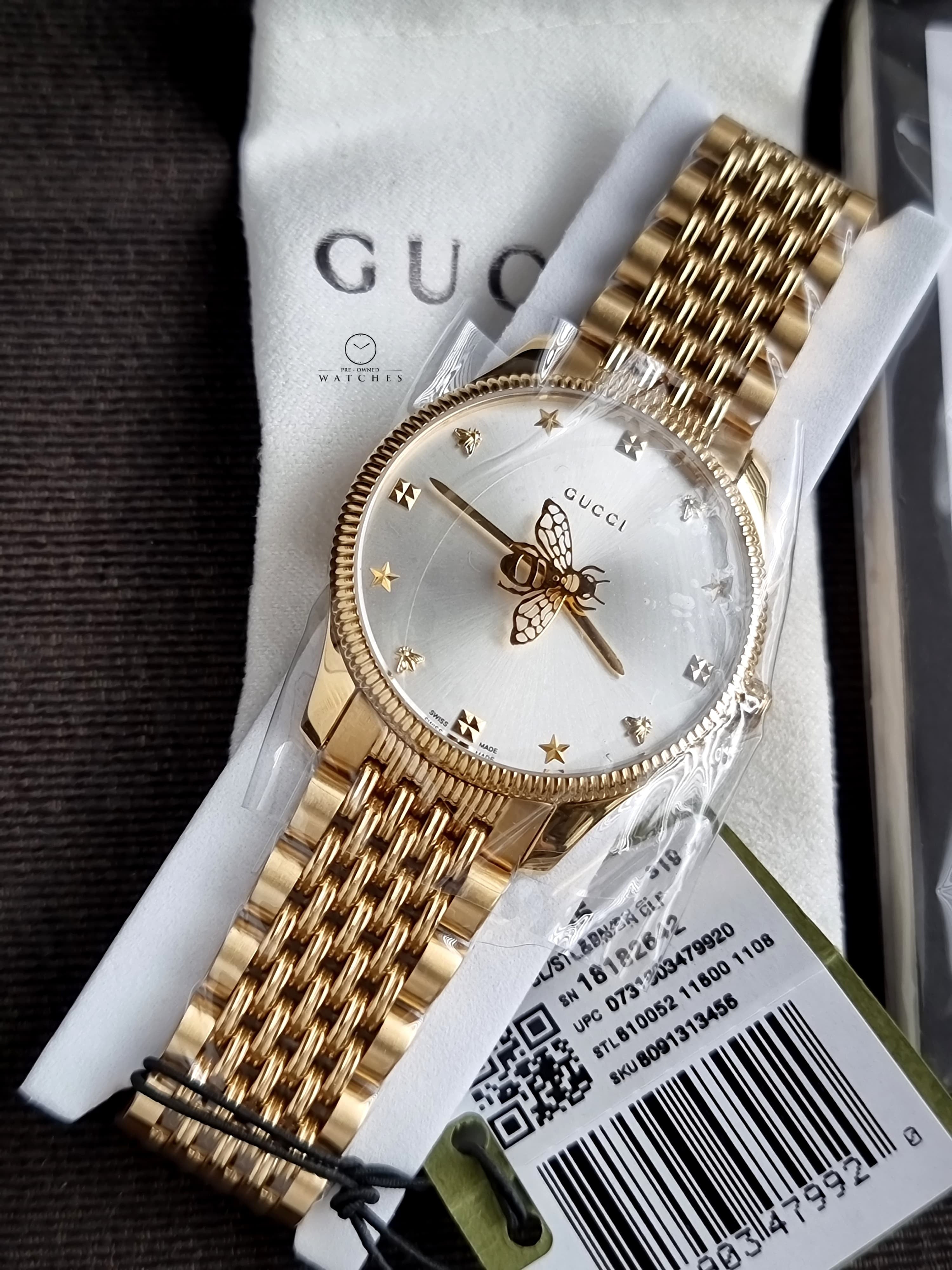 Gucci G-Timeless Gold Stainless Steel Silver 36mm Dial Quartz Watch for Ladies- YA1264155