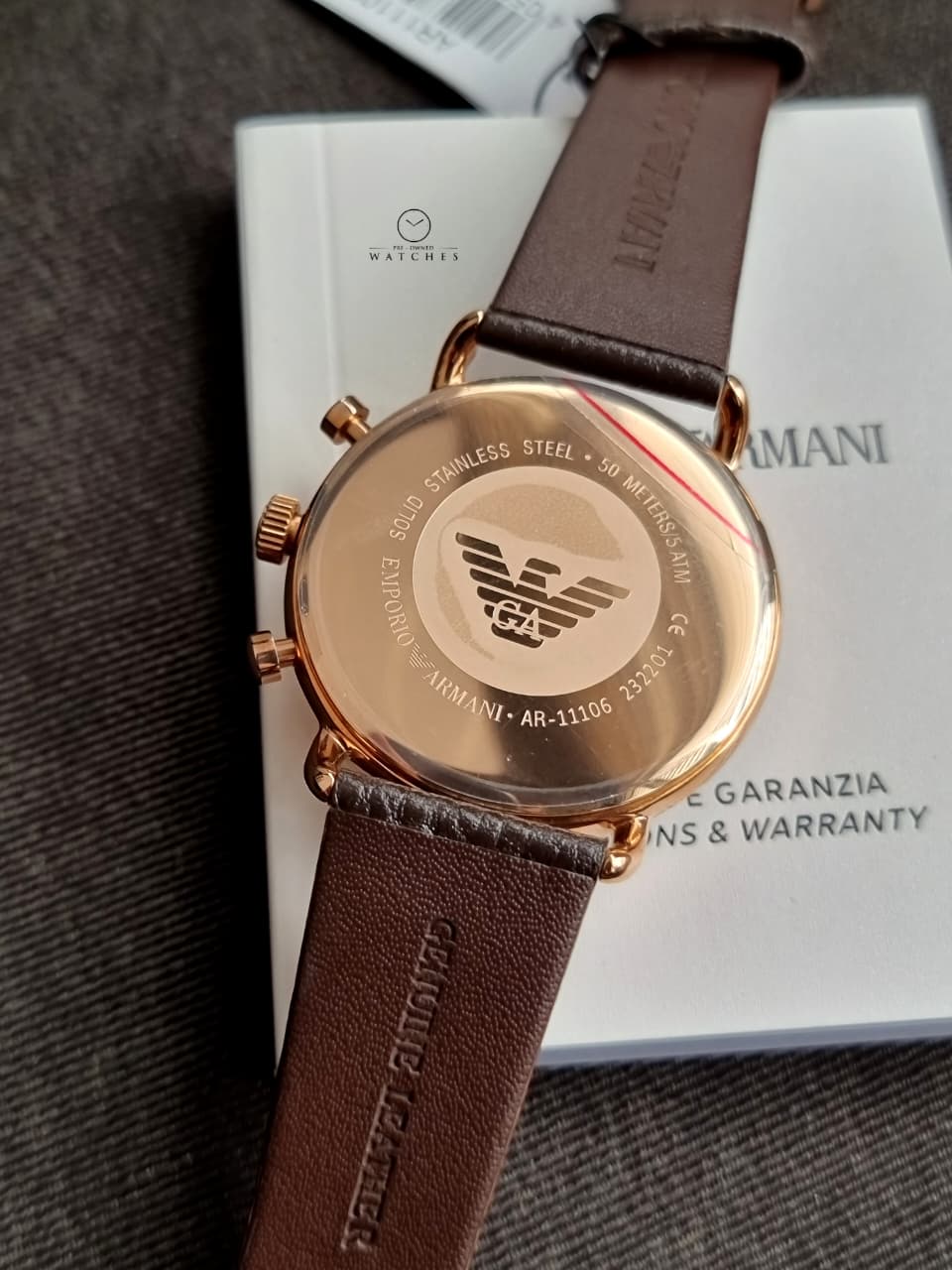 Emporio Armani Men’s Chronograph Quartz Brown Leather Strap Rose Gold Shine Dial 43mm Watch AR11106