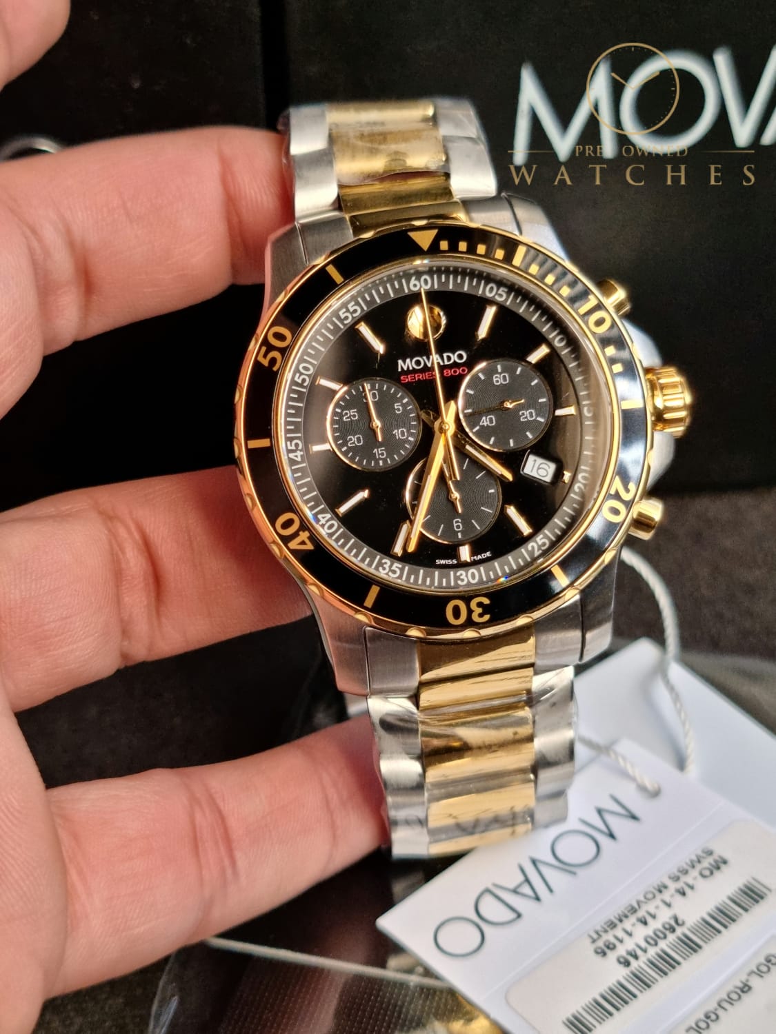 Movado Men's Series 800 2-Tone Chronograph Watch with Printed Index, Gold/Black/Silver 2600146