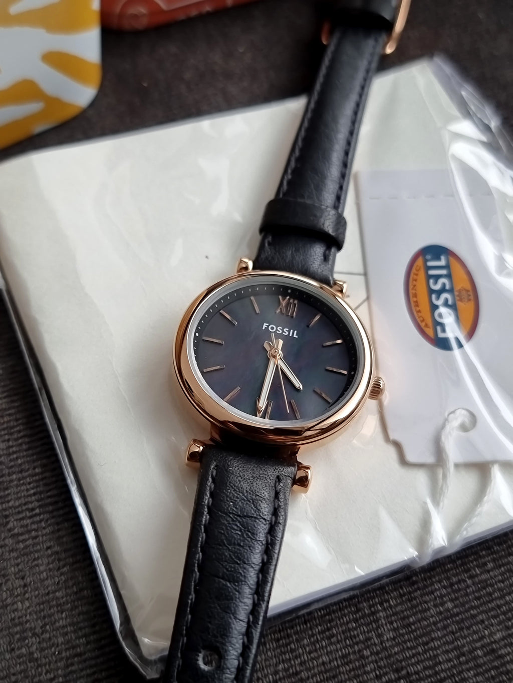 Fossil Carlie Mini 28mm Three-Hand Black Leather Watch- ES4700