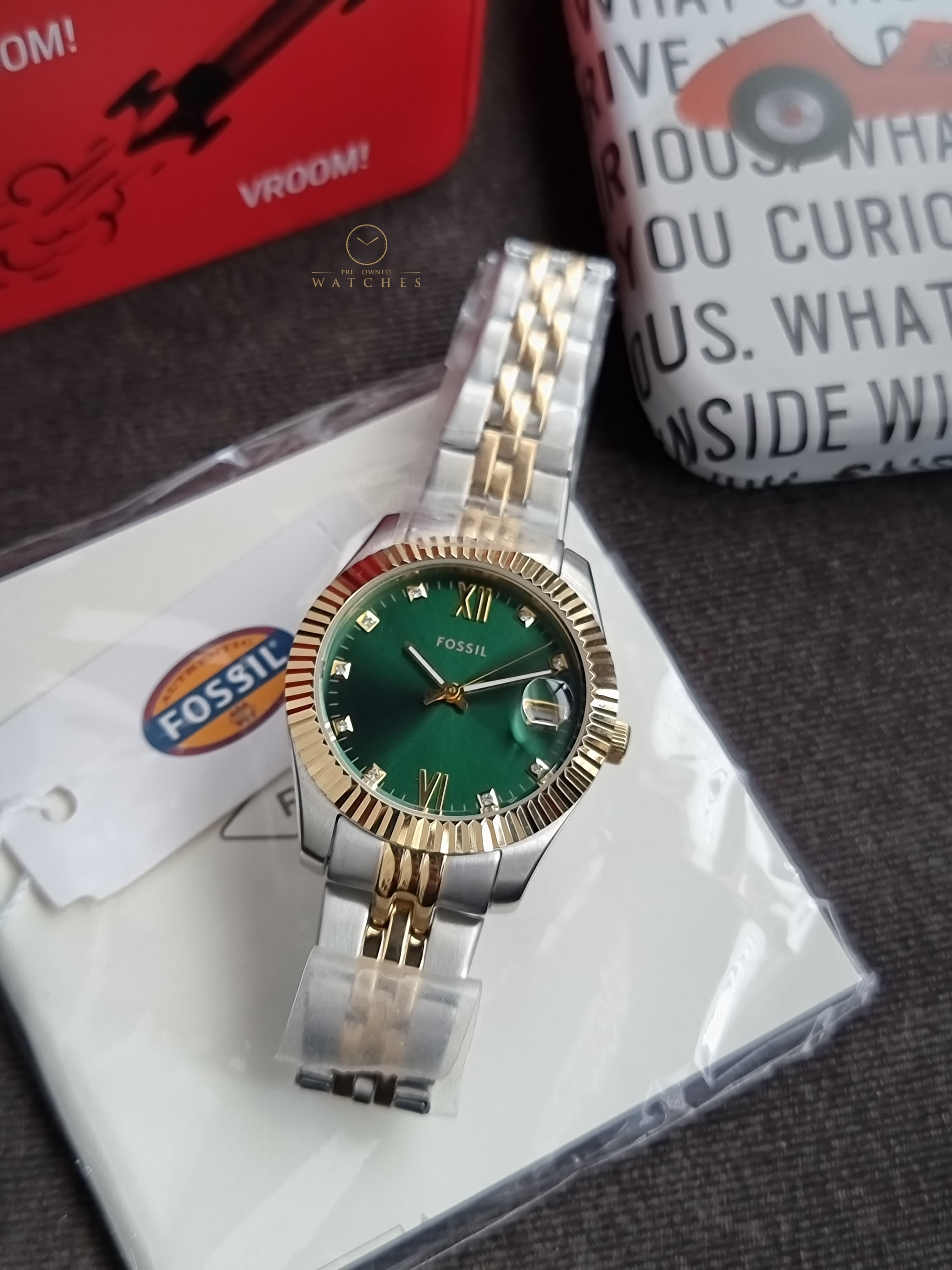 Fossil Scarlette Three-Hand Date Two-Tone Green Dial Ladies Watch ES5388