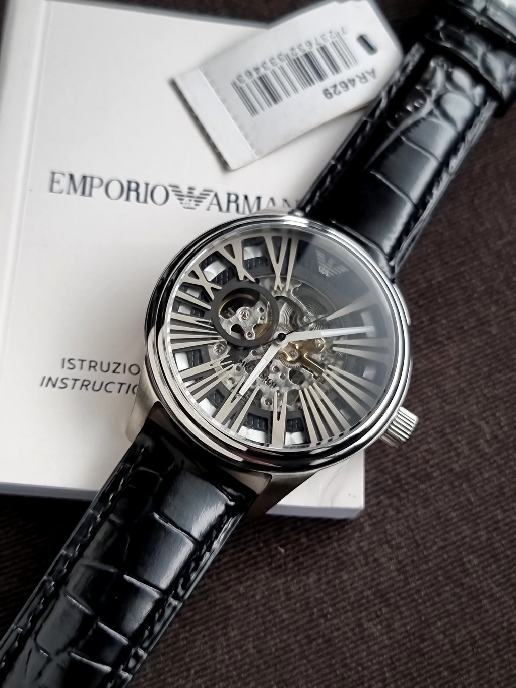 Emporio Armani Meccanico Automatic Black 45mm Dial Leather Strap Watch For Men - AR4629