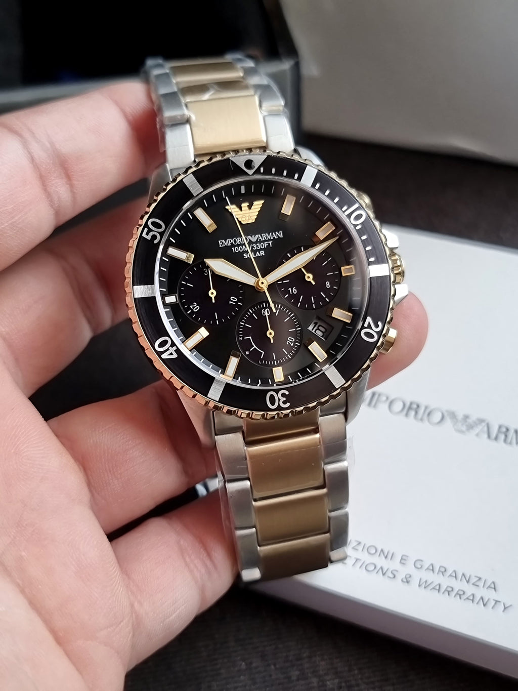 Emporio Armani Two-tone Stainless Steel Black Dial Quartz Watch for Gents - A11680