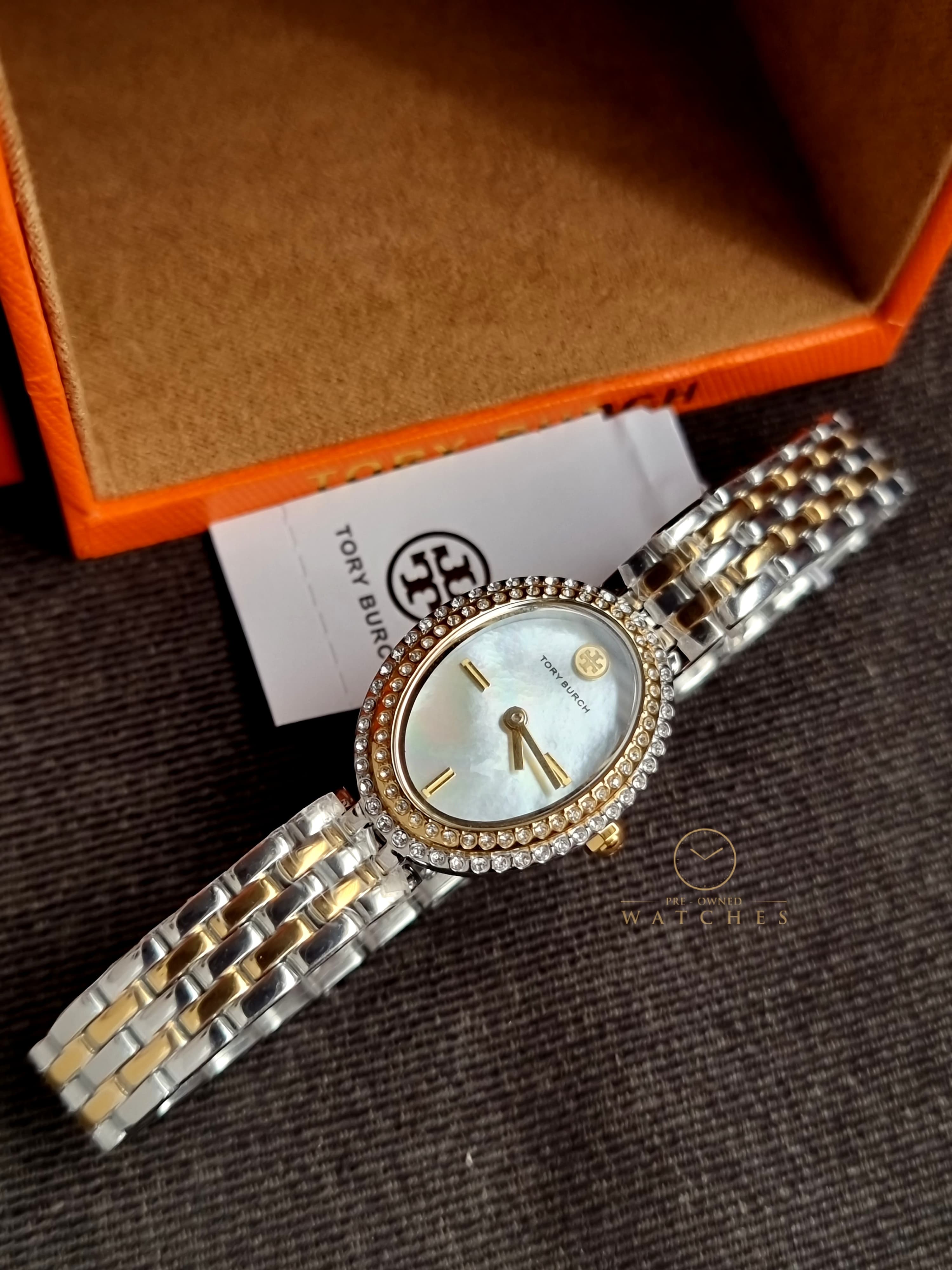 Tory Burch Women's Watch TBW6037 Quartz Oval Mother of Pearl Dial Two Tone Steel