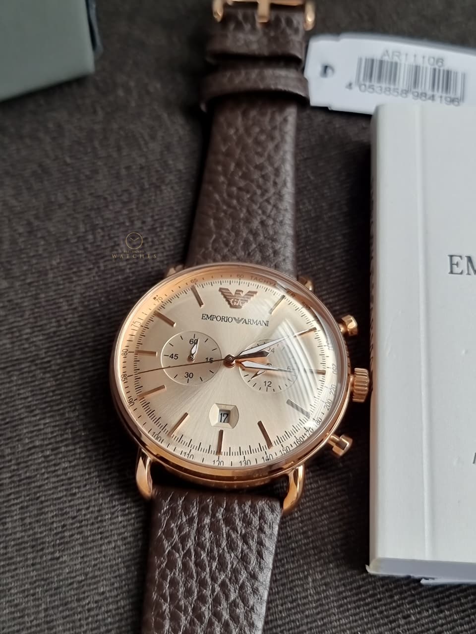 Emporio Armani Men’s Chronograph Quartz Brown Leather Strap Rose Gold Shine Dial 43mm Watch AR11106
