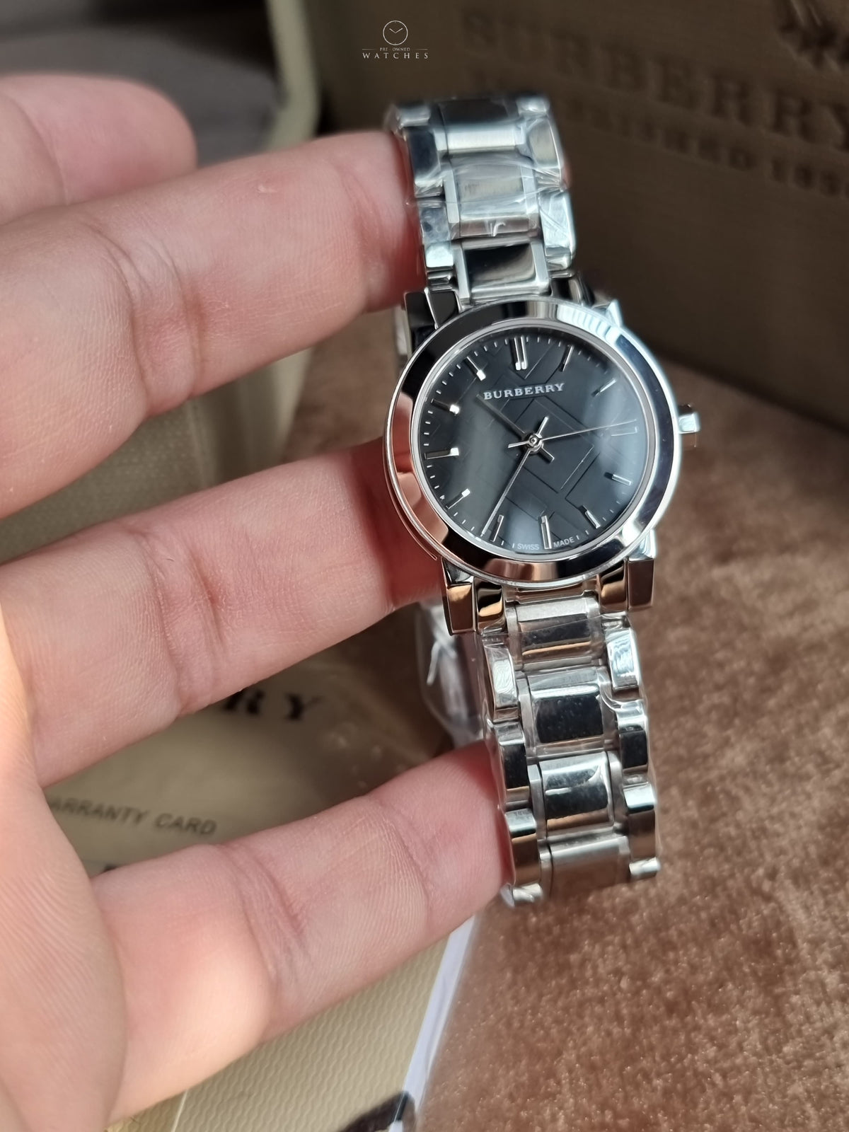 Burberry Women’s Swiss Made Quartz Silver Stainless Steel Black Dial 26mm Watch BU9201