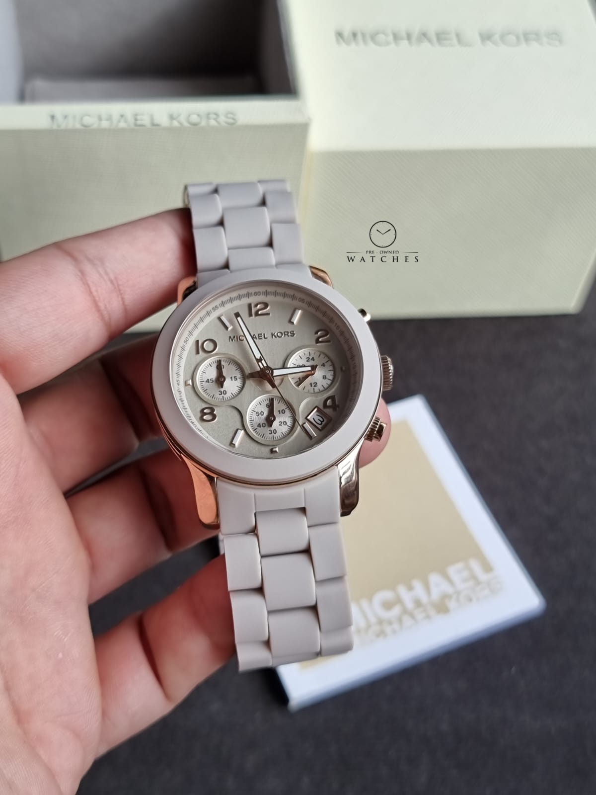 Michael Kors Runway Chronograph 38mm Rose Gold-Tone Mk7386 Stainless Steel and white Silicone Watch