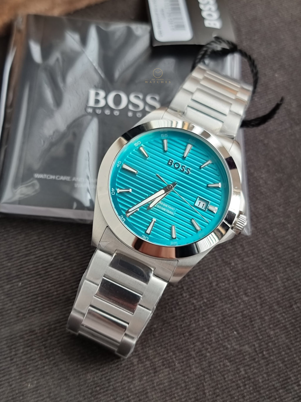 Hugo Boss Strike Silver-tone Chain Grooved Turquoise 41mm Dial Men's Watch 1514171