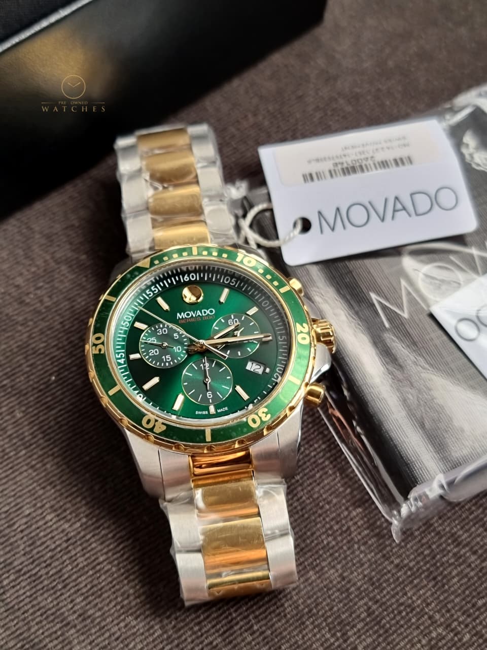 Movado 800 Series Two-Tone Stainless Steel Green Dial Chronograph Quartz Watch for Gents - 2600148