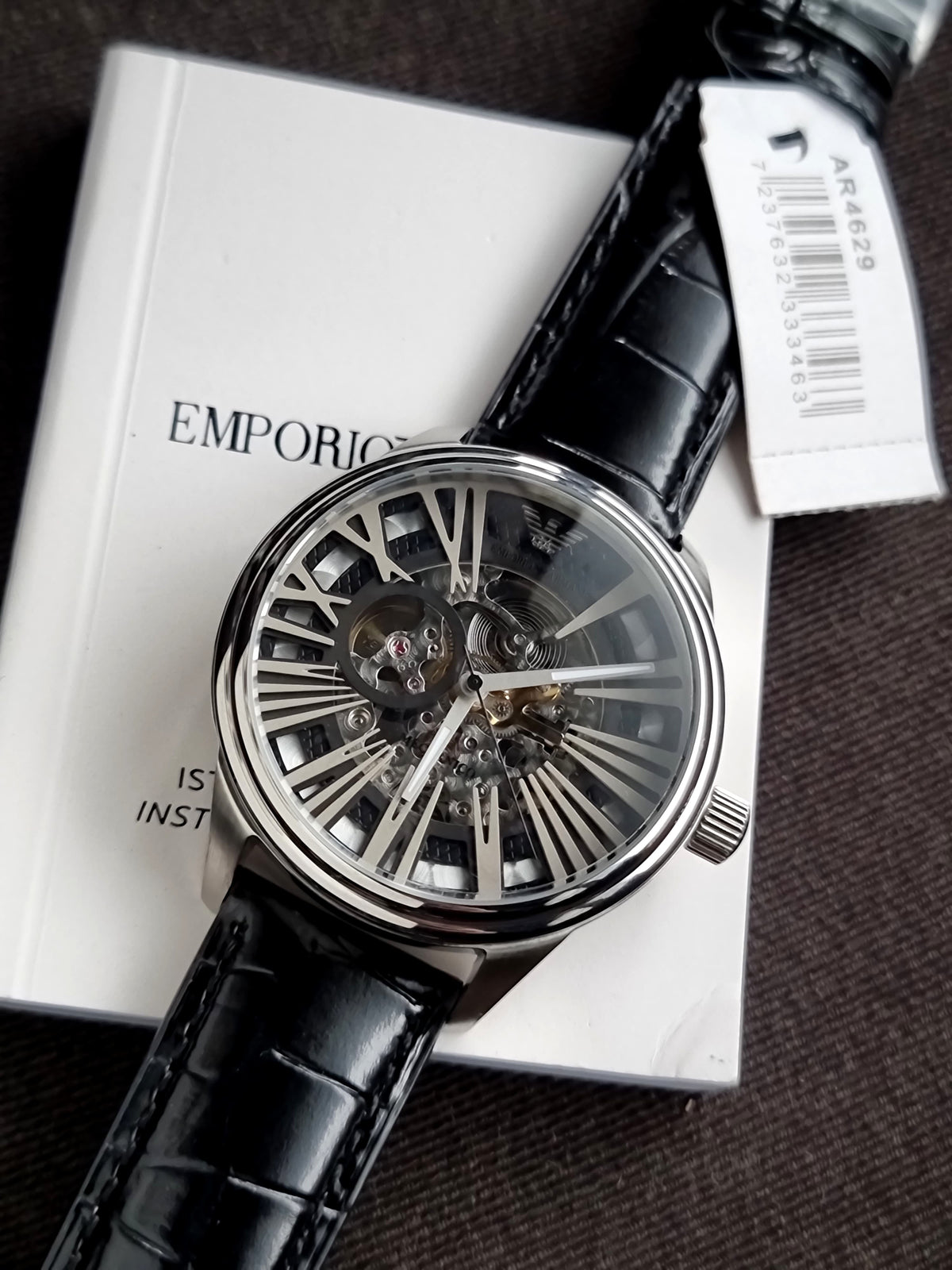 Emporio Armani Meccanico Automatic Black 45mm Dial Leather Strap Watch For Men - AR4629
