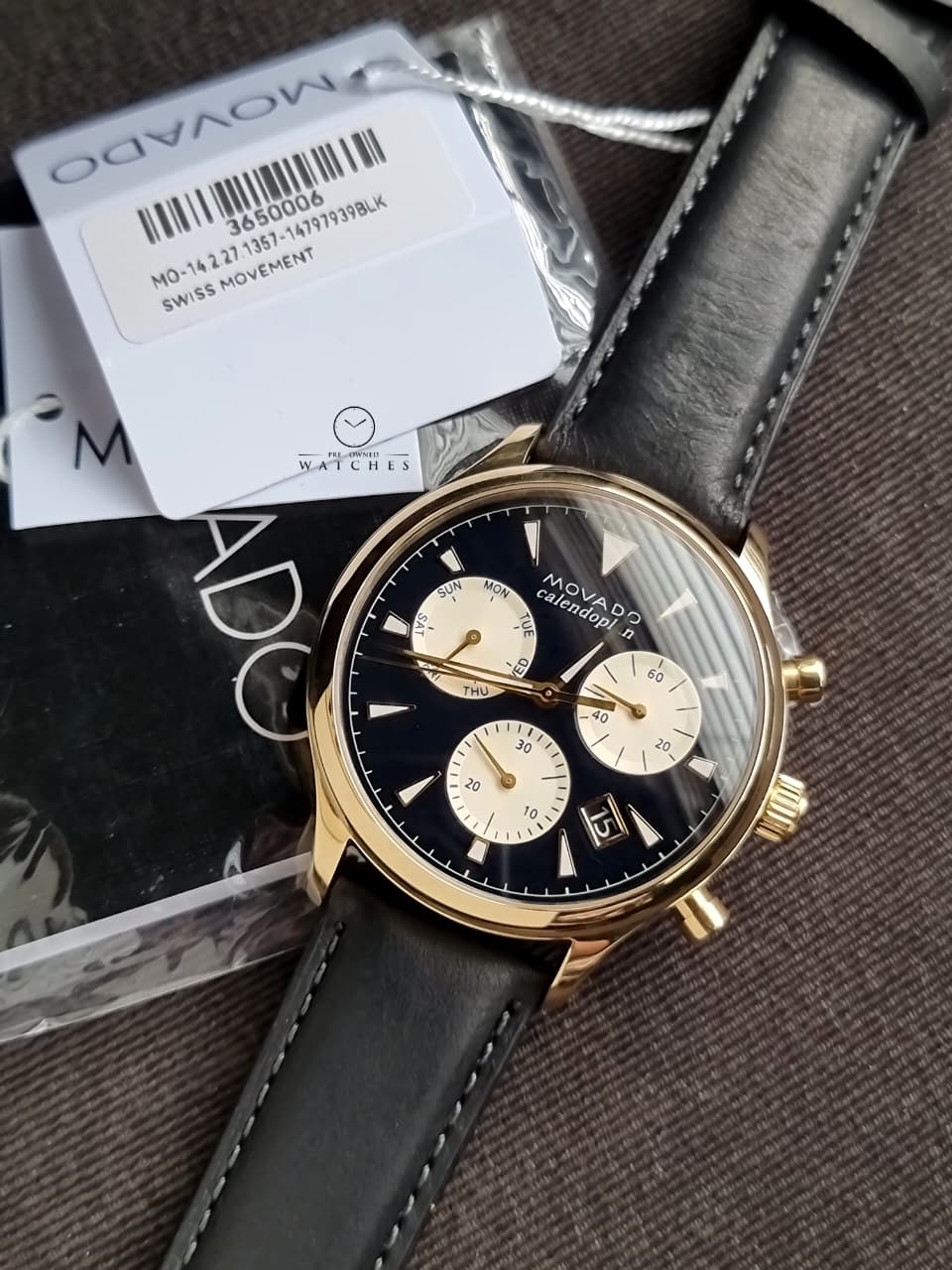 Movado Men’s Swiss Made Quartz Black Leather Strap Navy Blue Dial 43mm Watch 3650006