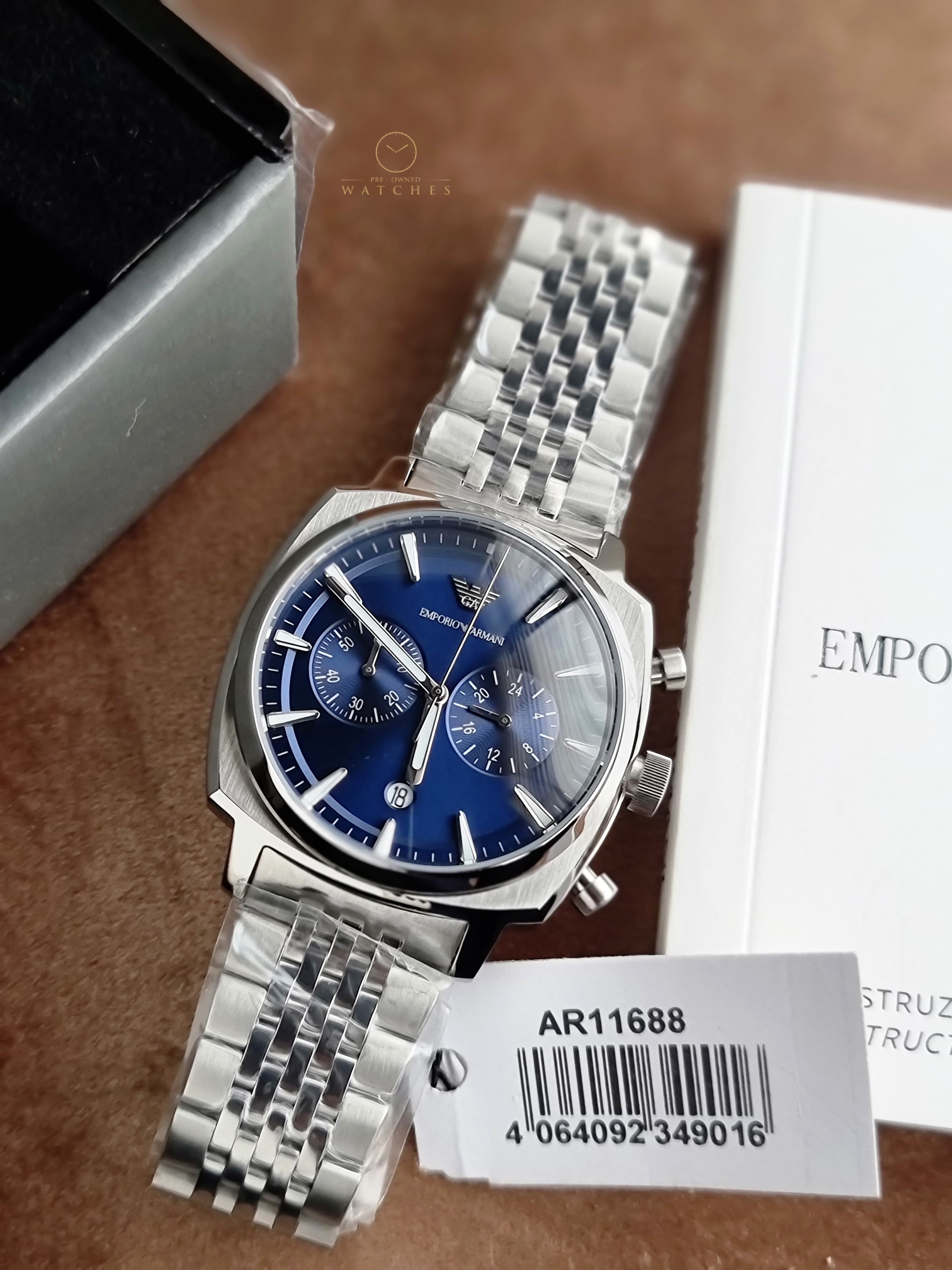 Emporio Armani Ruggero Silver Stainless Steel Navy Blue Dial Chronograph Quartz Watch for Gents - AR11688
