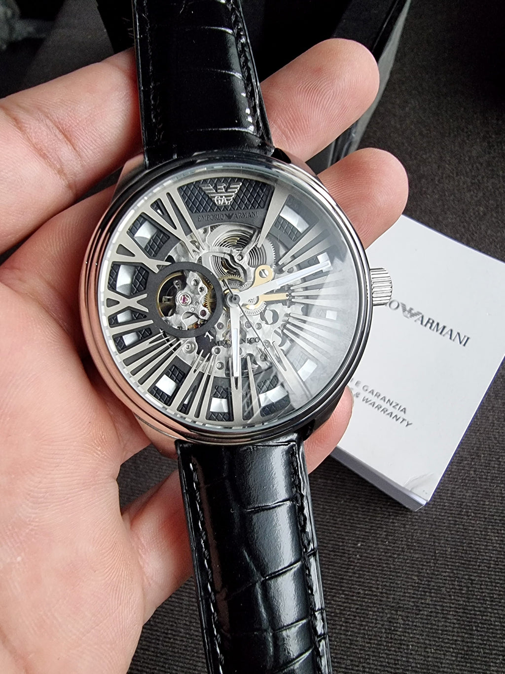 Emporio Armani Meccanico Automatic Black 45mm Dial Leather Strap Watch For Men - AR4629