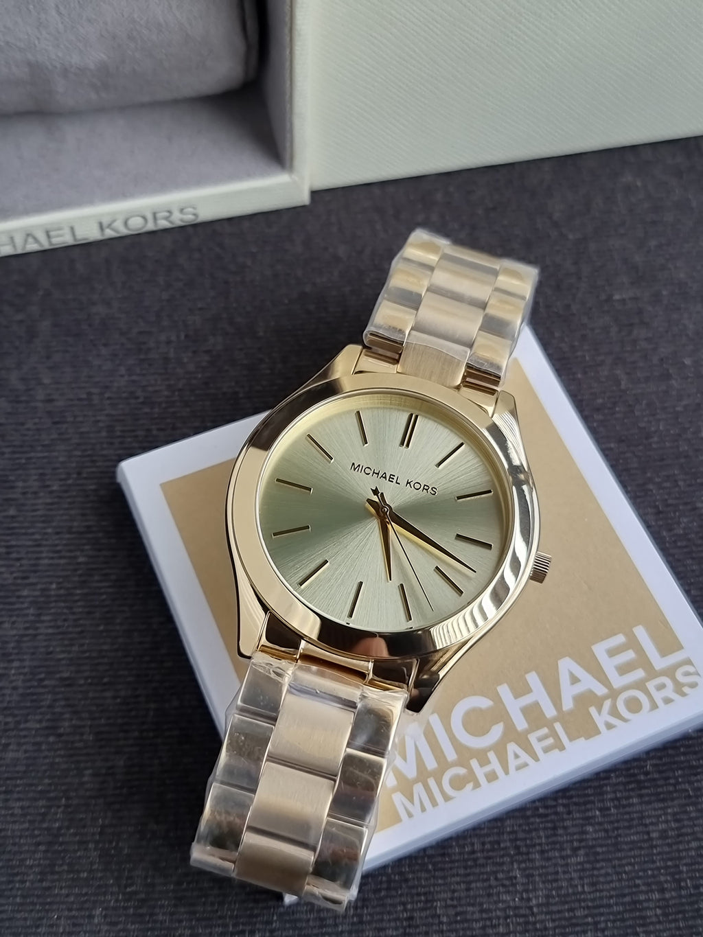 Michael Kors Slim Runway Gold Dial Stainless Steel Strap Ladies Watch MK3179