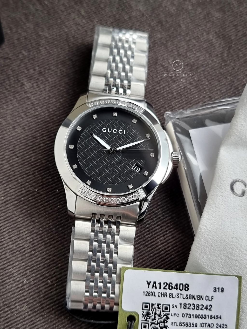 Gucci Men’s Swiss Made Quartz Silver Stainless Steel Black Dial 38mm Watch YA126408