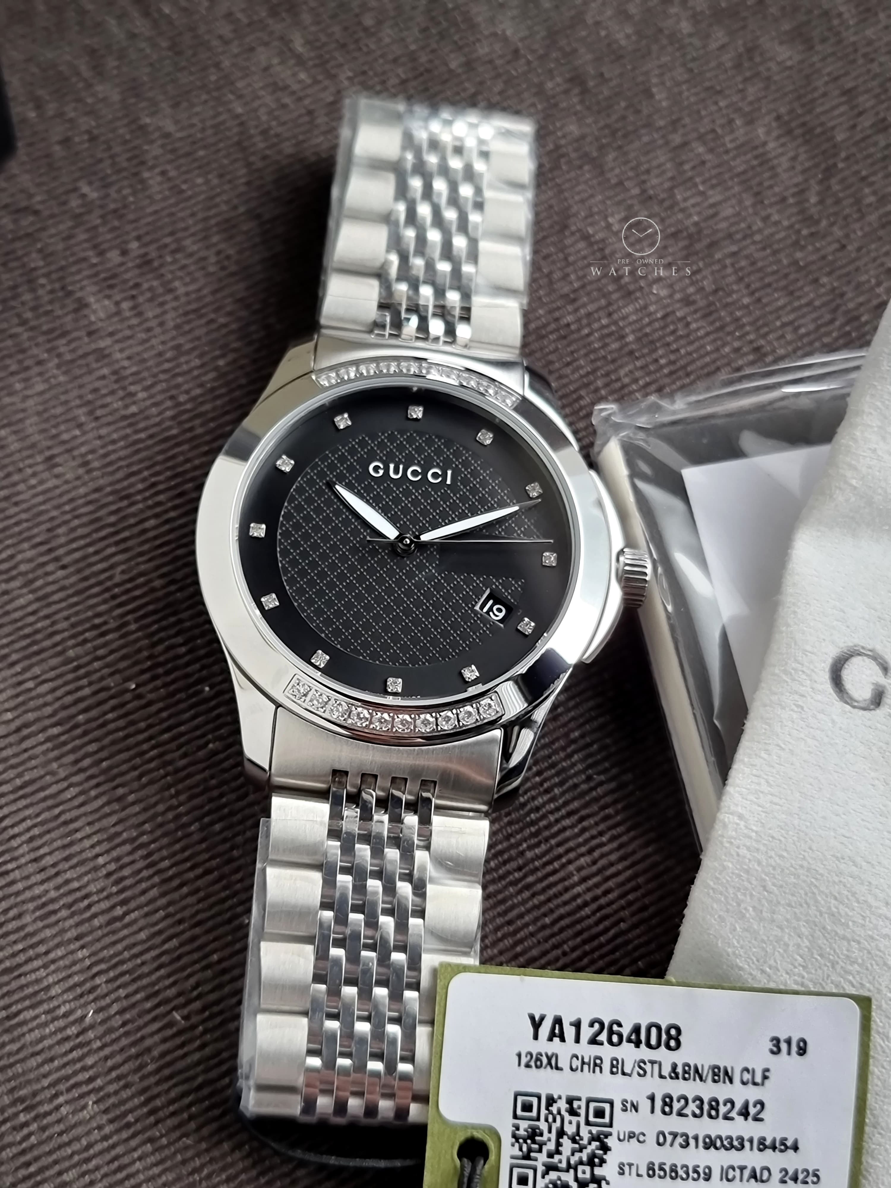 Gucci Men’s Swiss Made Quartz Silver Stainless Steel Black Dial 38mm Watch YA126408