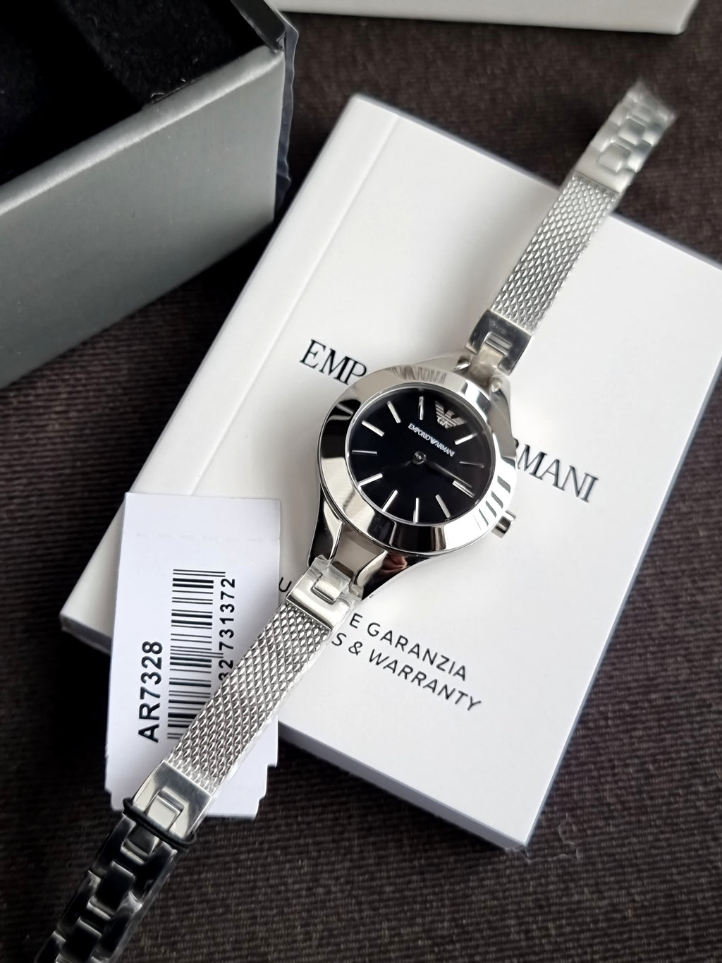 EMPORIO ARMANI Classic Silver Stainless Steel Black Dial Quartz Watch for Ladies - AR7328