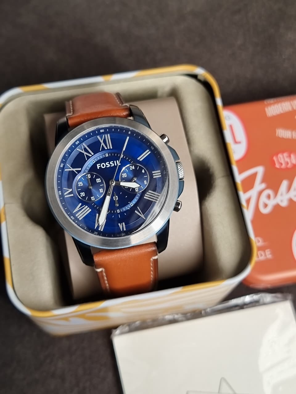 Fossil Men’s Chronograph Quartz Brown Leather Strap Blue Dial 44mm Watch FS5151