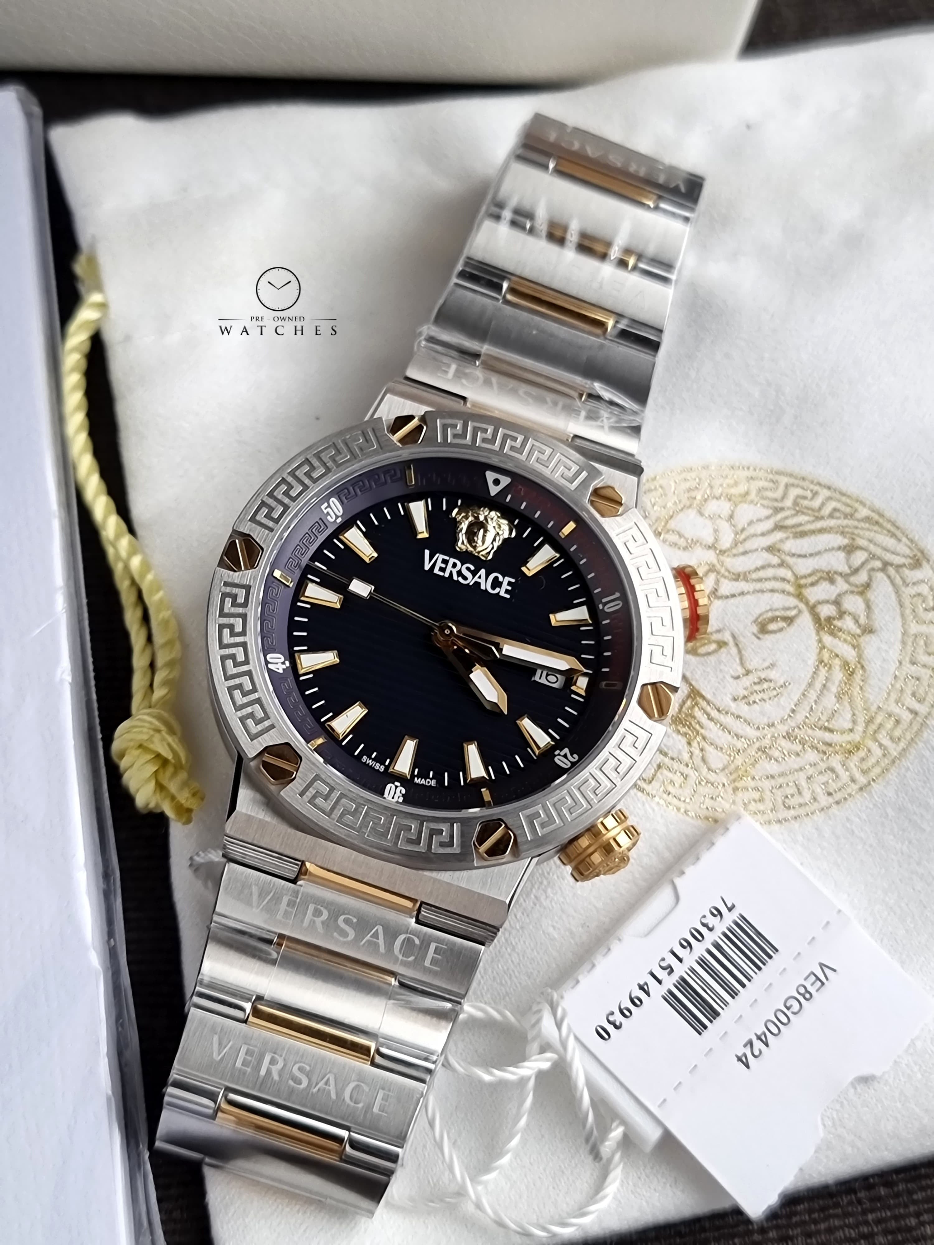 Versace Greca Logo Divers Two-tone Stainless Steel Black 43mm Dial Quartz Watch for Gents - VE8G00424
