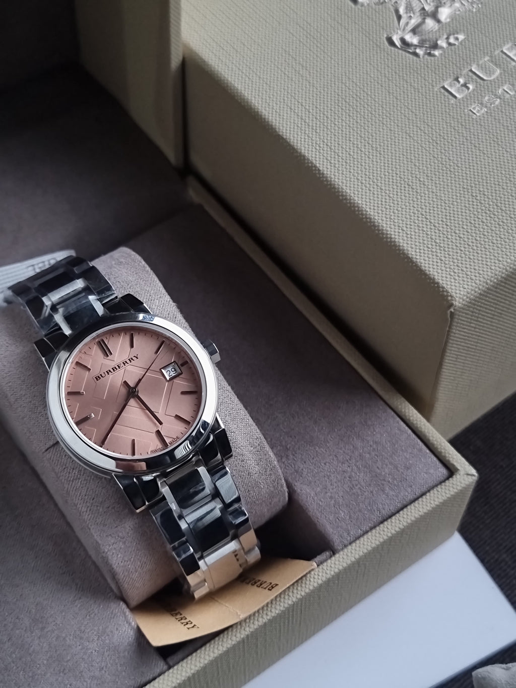 Burberry Silver Stainless Steel Pink Dial Quartz Watch for Ladies - BU9124