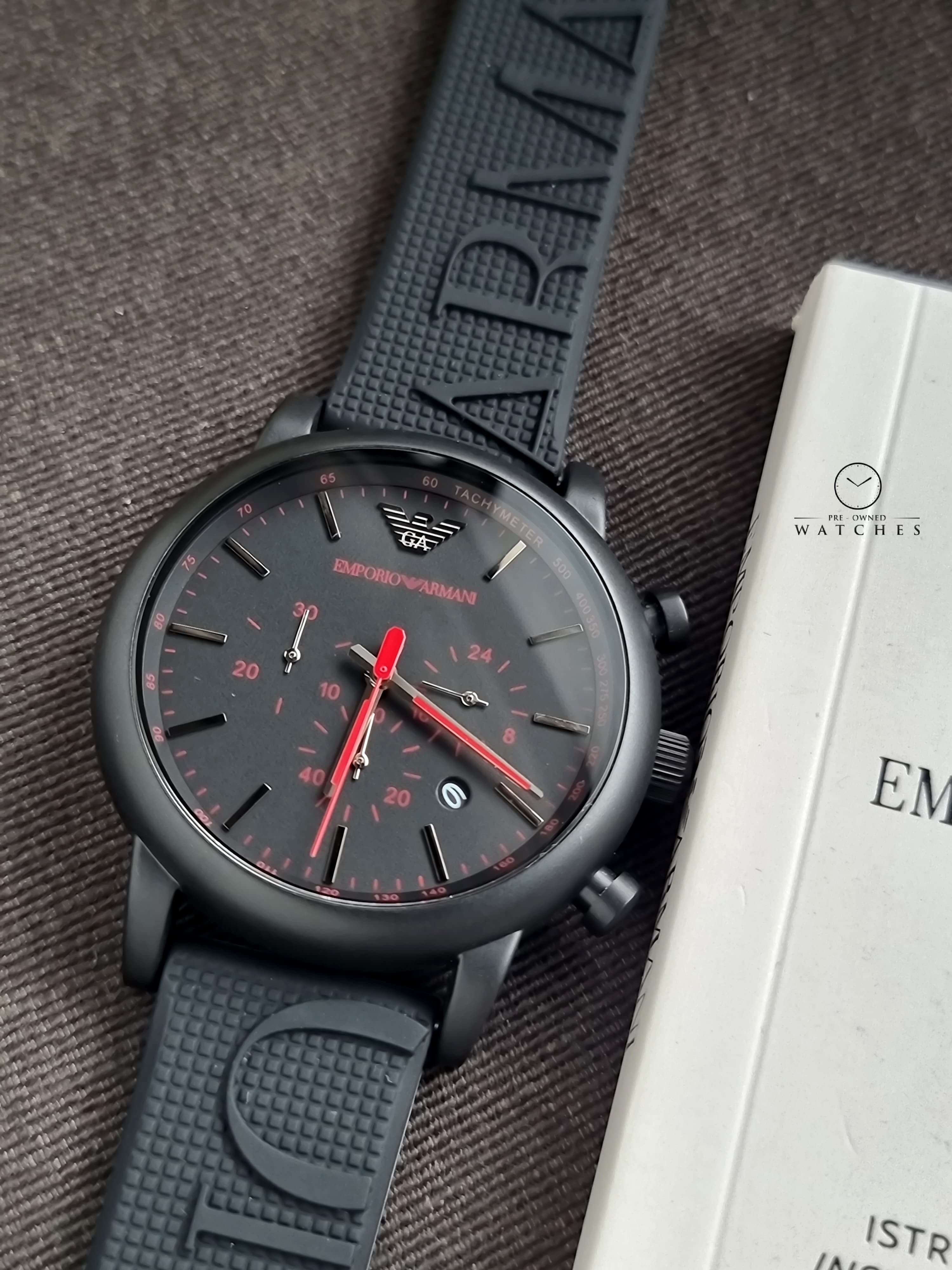 Emporio Armani Luigi Chronograph Black Dial 46mm Black Rubber Strap Watch For Men - AR11024