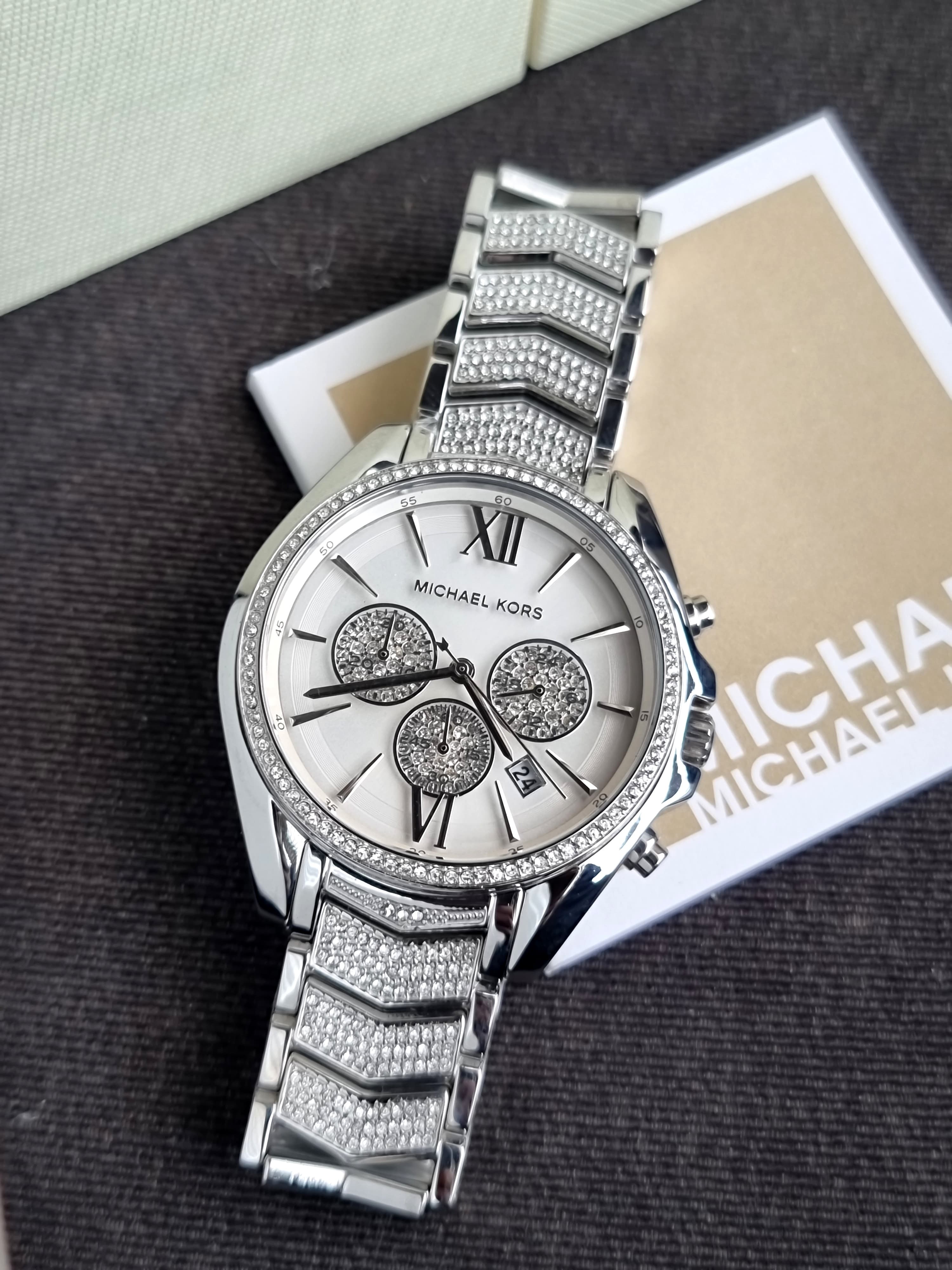 Michael Kors Women’s Chronograph Quartz Stainless Steel Silver Dial 44mm Watch MK6728