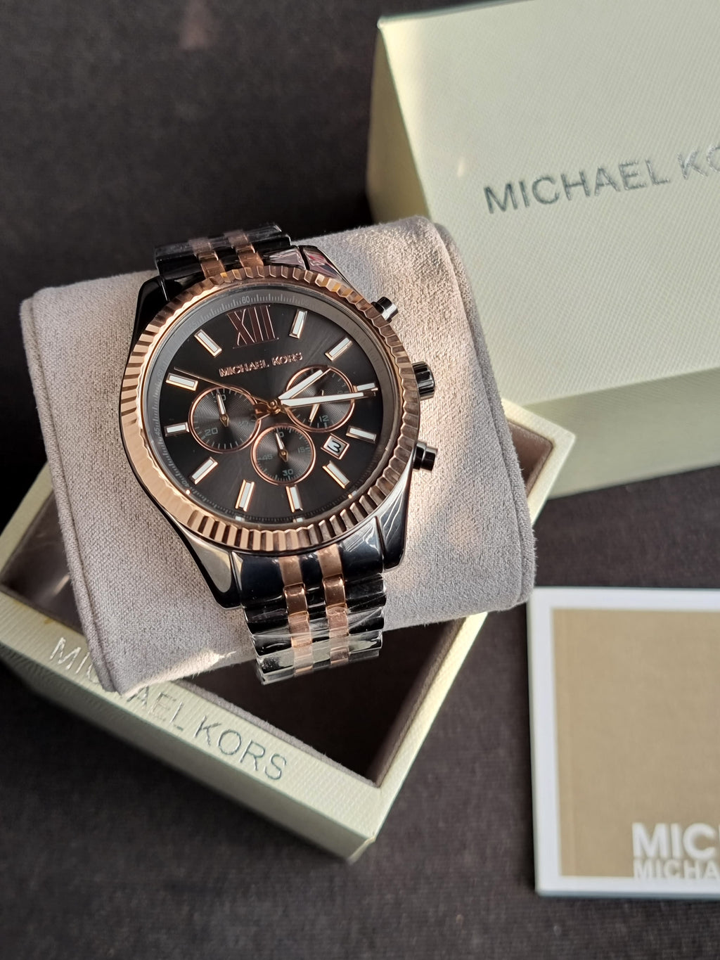 Michael Kors Lexington Two-tone Stainless Steel Black Dial Chronograph Quartz Watch for Gents - MK8561(without Tag)