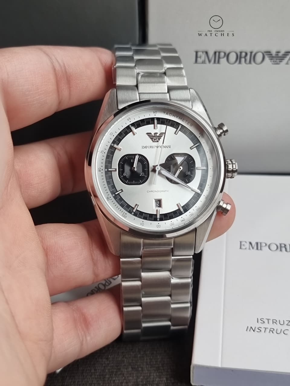 Emporio Armani Racer Silver Stainless Steel Silver Dial Chronograph Quartz Watch for Gents - AR11636